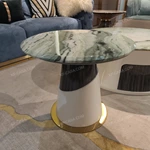 Coffee Table Set with Integrated Natural Wood Veneer and Marble-Effect Top